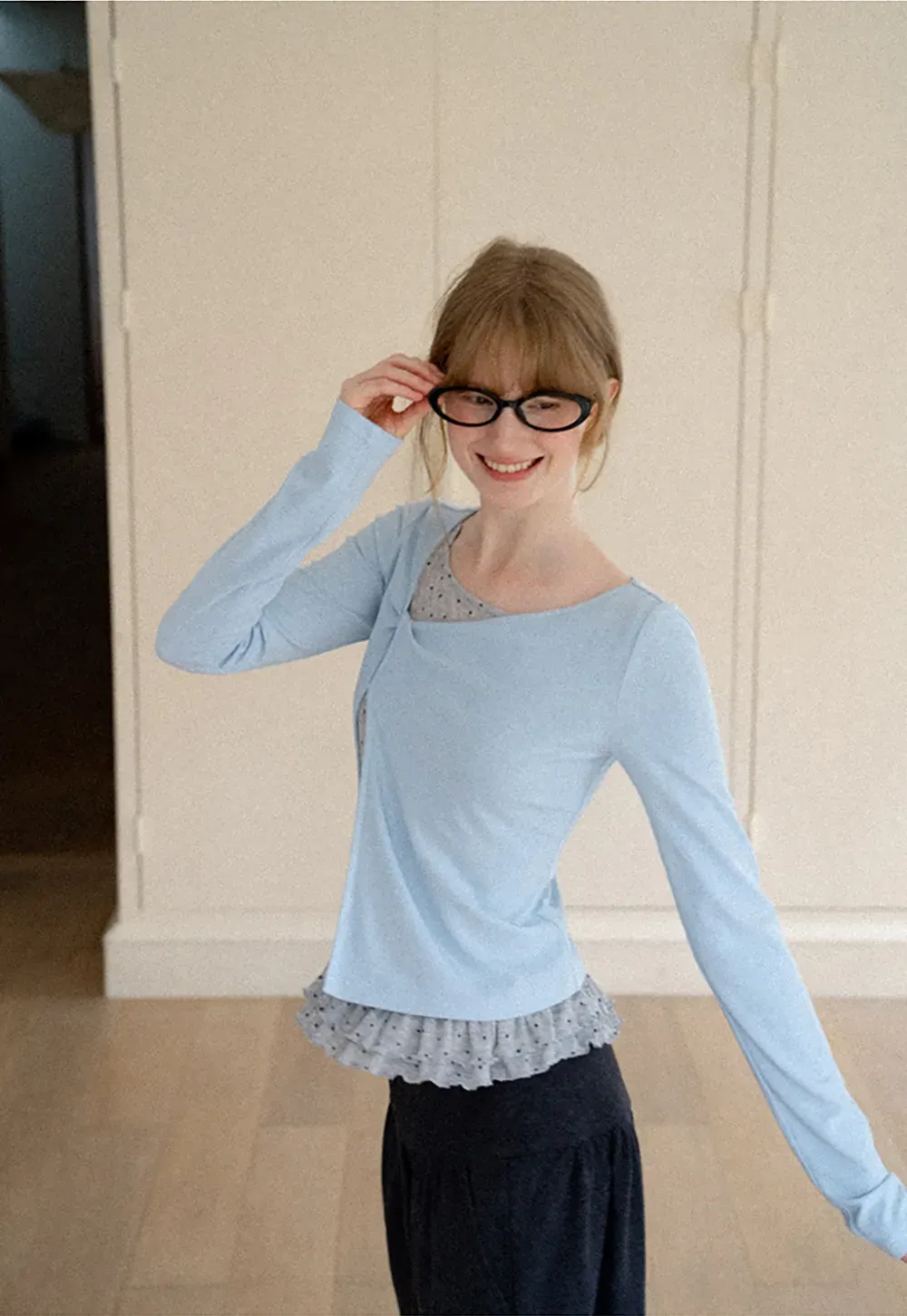 Ruffled Hem Layered Long Sleeve Top