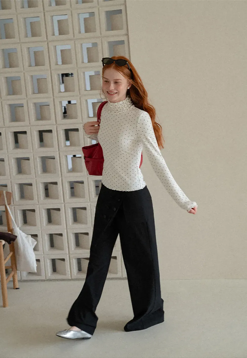 Ruffled High Neck Polka Dot Long Sleeve Top