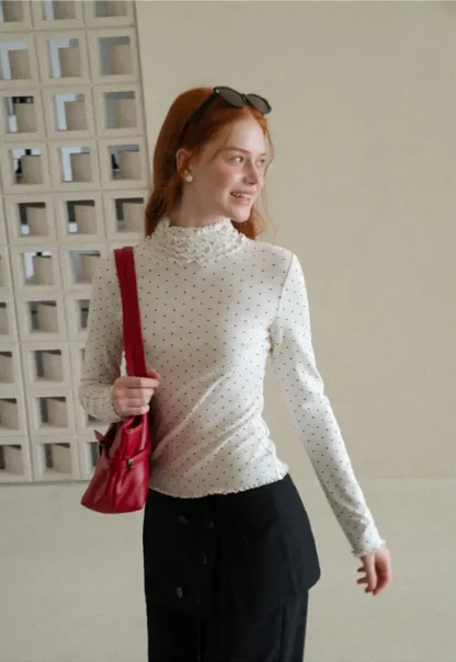 Ruffled High Neck Polka Dot Long Sleeve Top