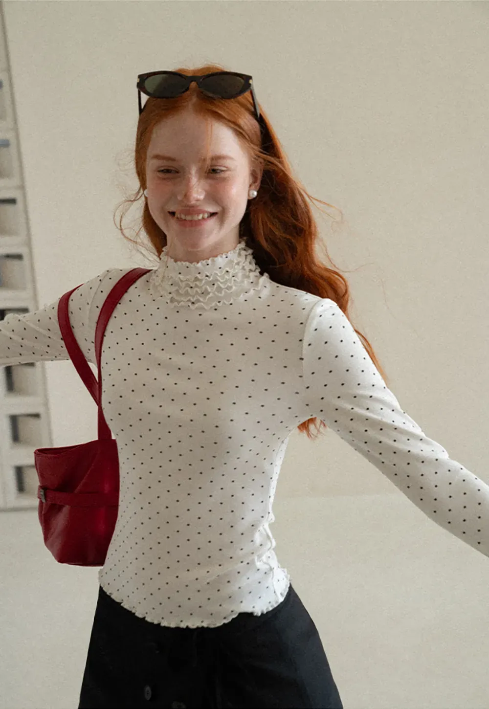 Ruffled High Neck Polka Dot Long Sleeve Top