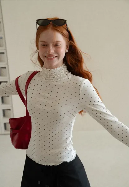 Ruffled High Neck Polka Dot Long Sleeve Top