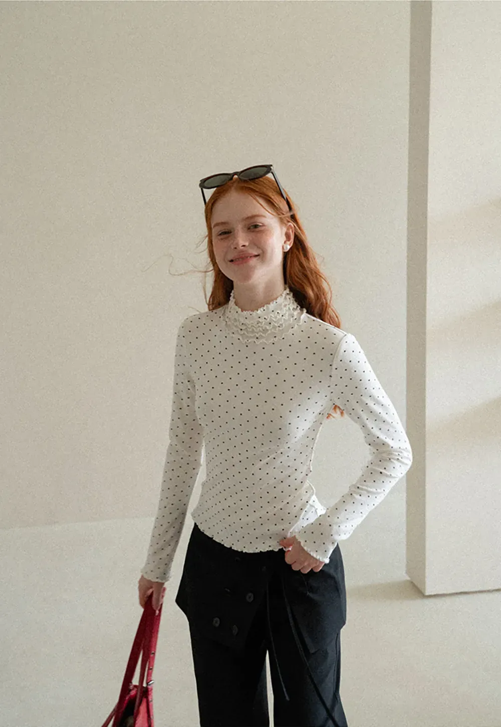 Ruffled High Neck Polka Dot Long Sleeve Top