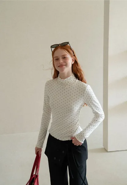 Ruffled High Neck Polka Dot Long Sleeve Top
