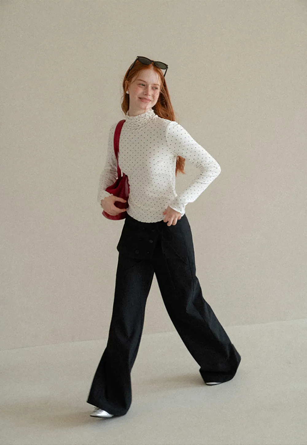 Ruffled High Neck Polka Dot Long Sleeve Top