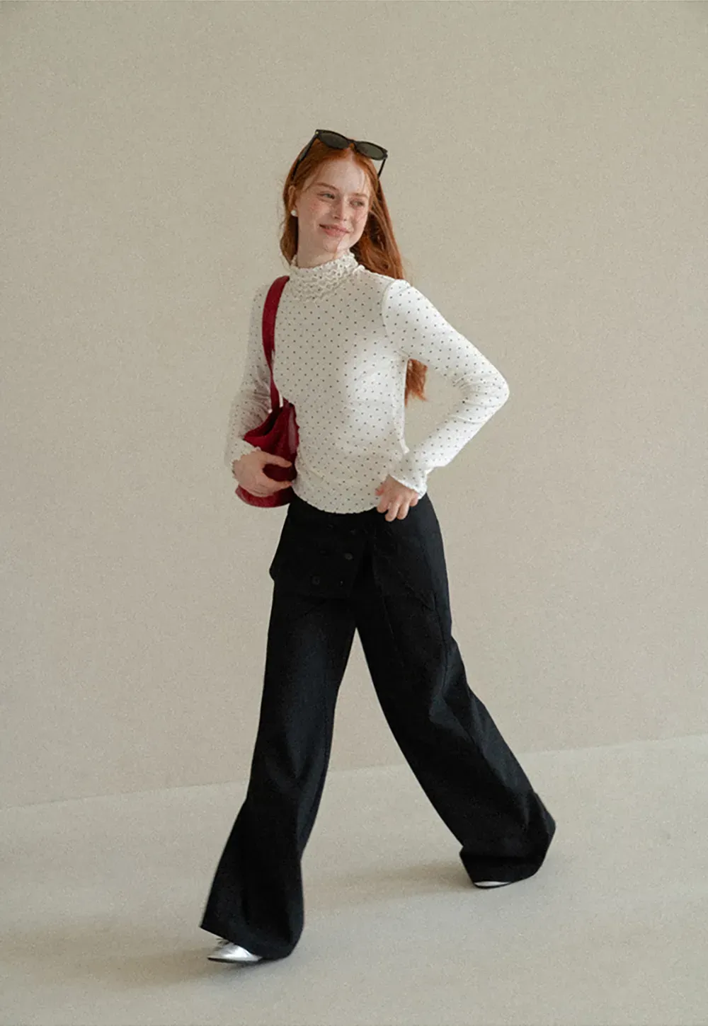 Ruffled High Neck Polka Dot Long Sleeve Top