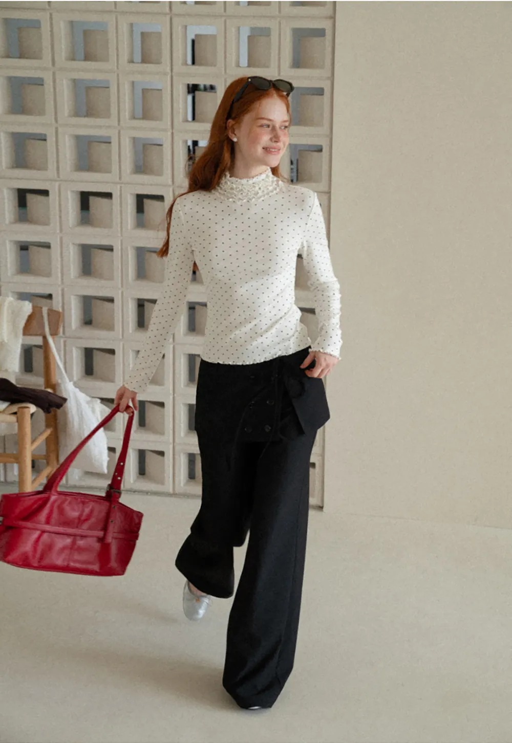 Ruffled High Neck Polka Dot Long Sleeve Top