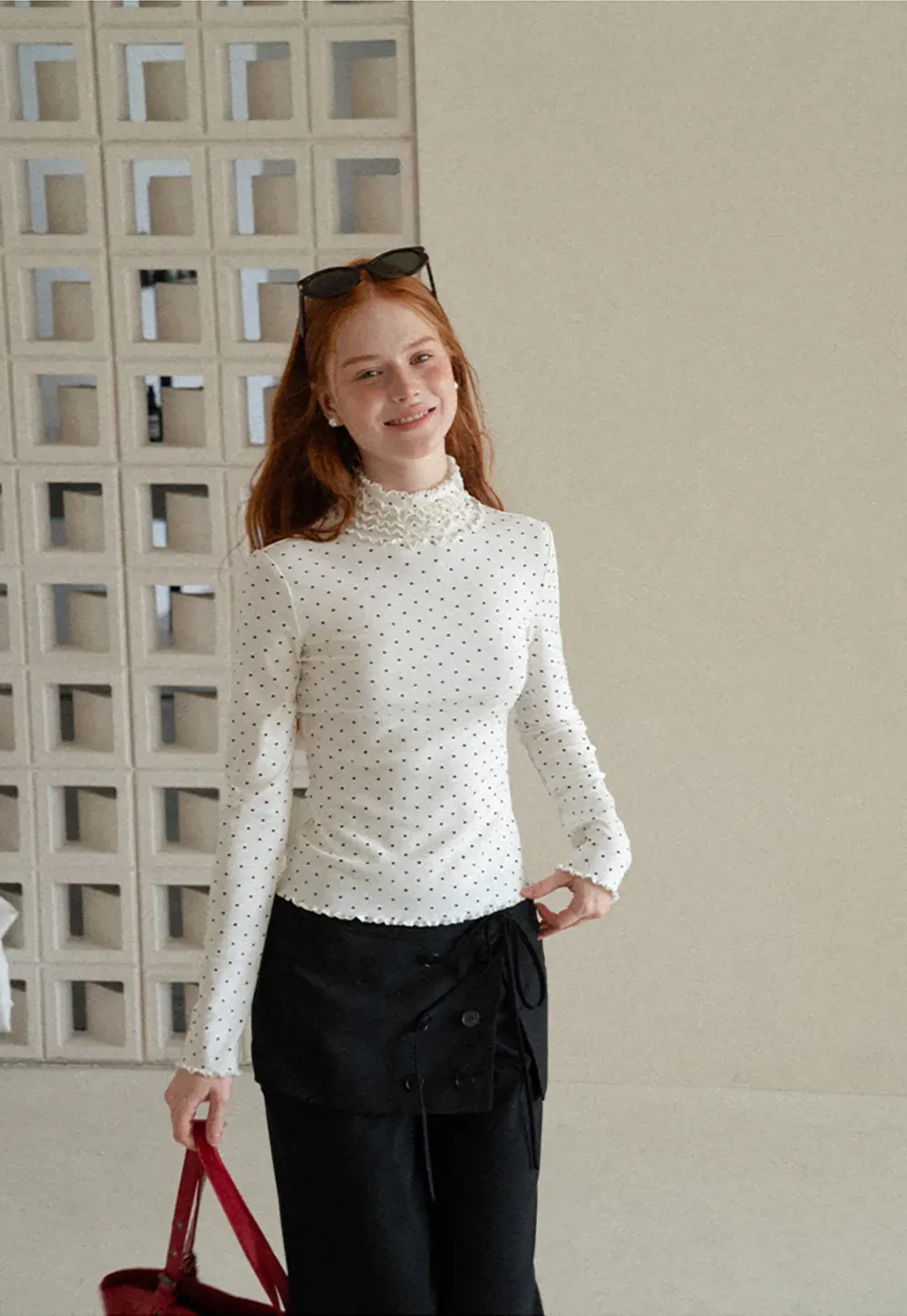 Ruffled High Neck Polka Dot Long Sleeve Top