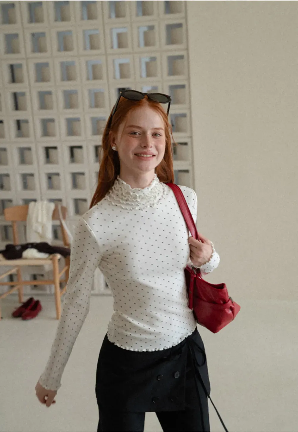 Ruffled High Neck Polka Dot Long Sleeve Top