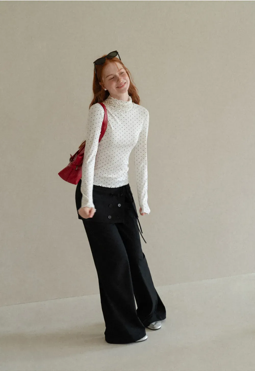 Ruffled High Neck Polka Dot Long Sleeve Top