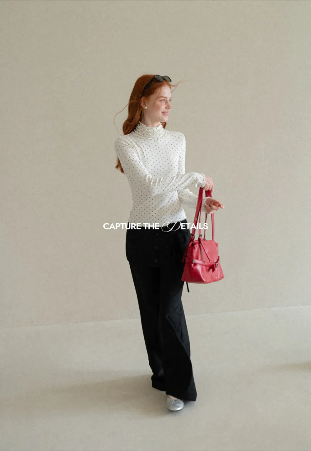Ruffled High Neck Polka Dot Long Sleeve Top