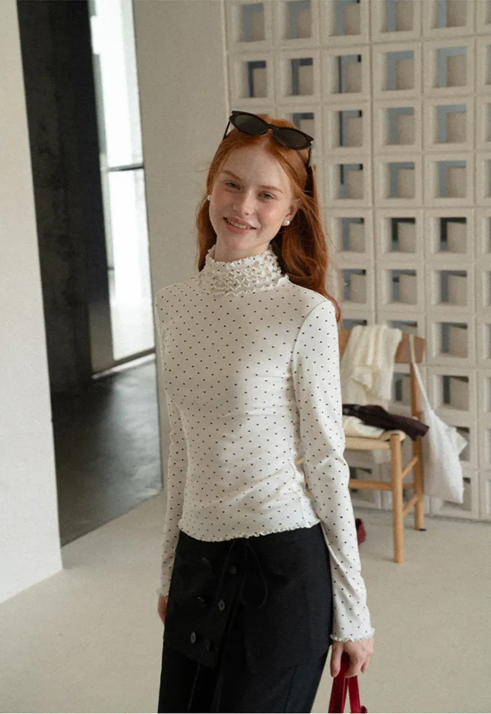 Ruffled High Neck Polka Dot Long Sleeve Top