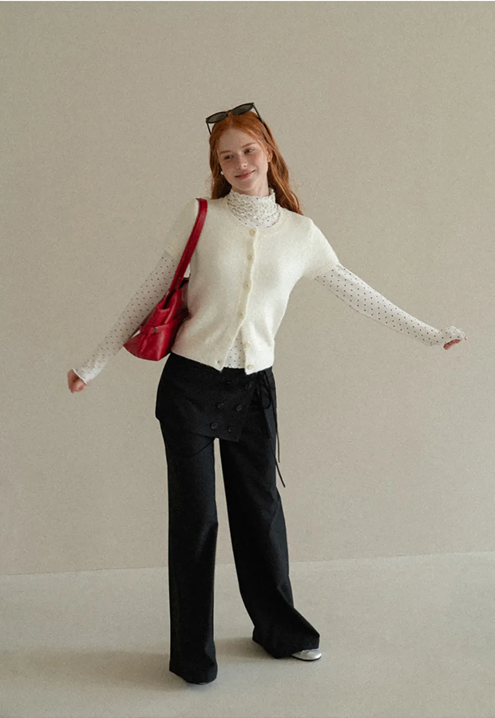 Ruffled High Neck Polka Dot Long Sleeve Top