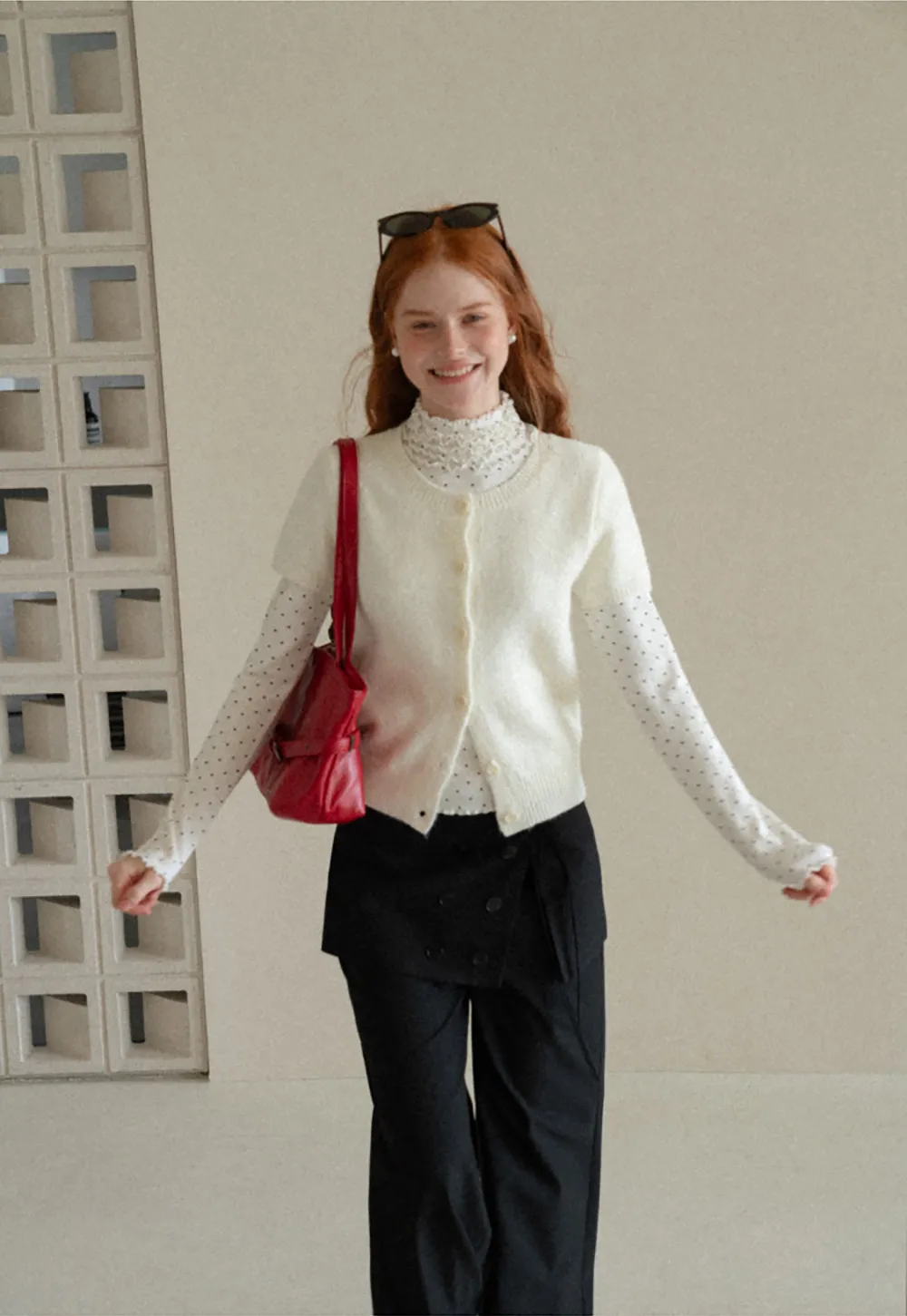 Ruffled High Neck Polka Dot Long Sleeve Top