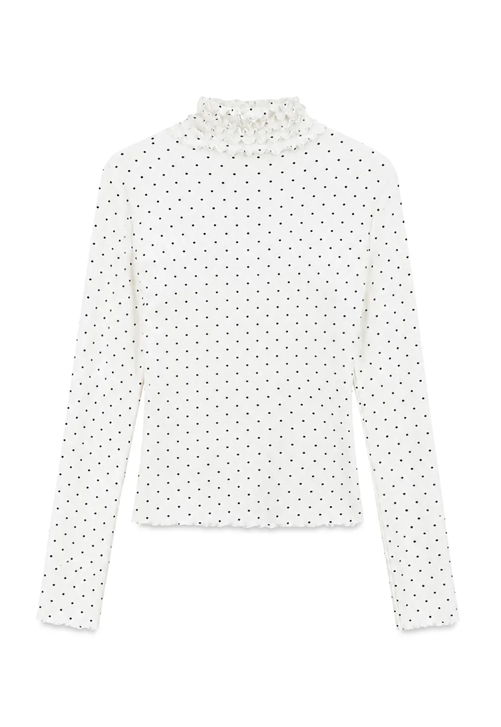 Ruffled High Neck Polka Dot Long Sleeve Top