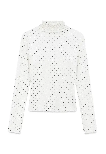 Ruffled High Neck Polka Dot Long Sleeve Top