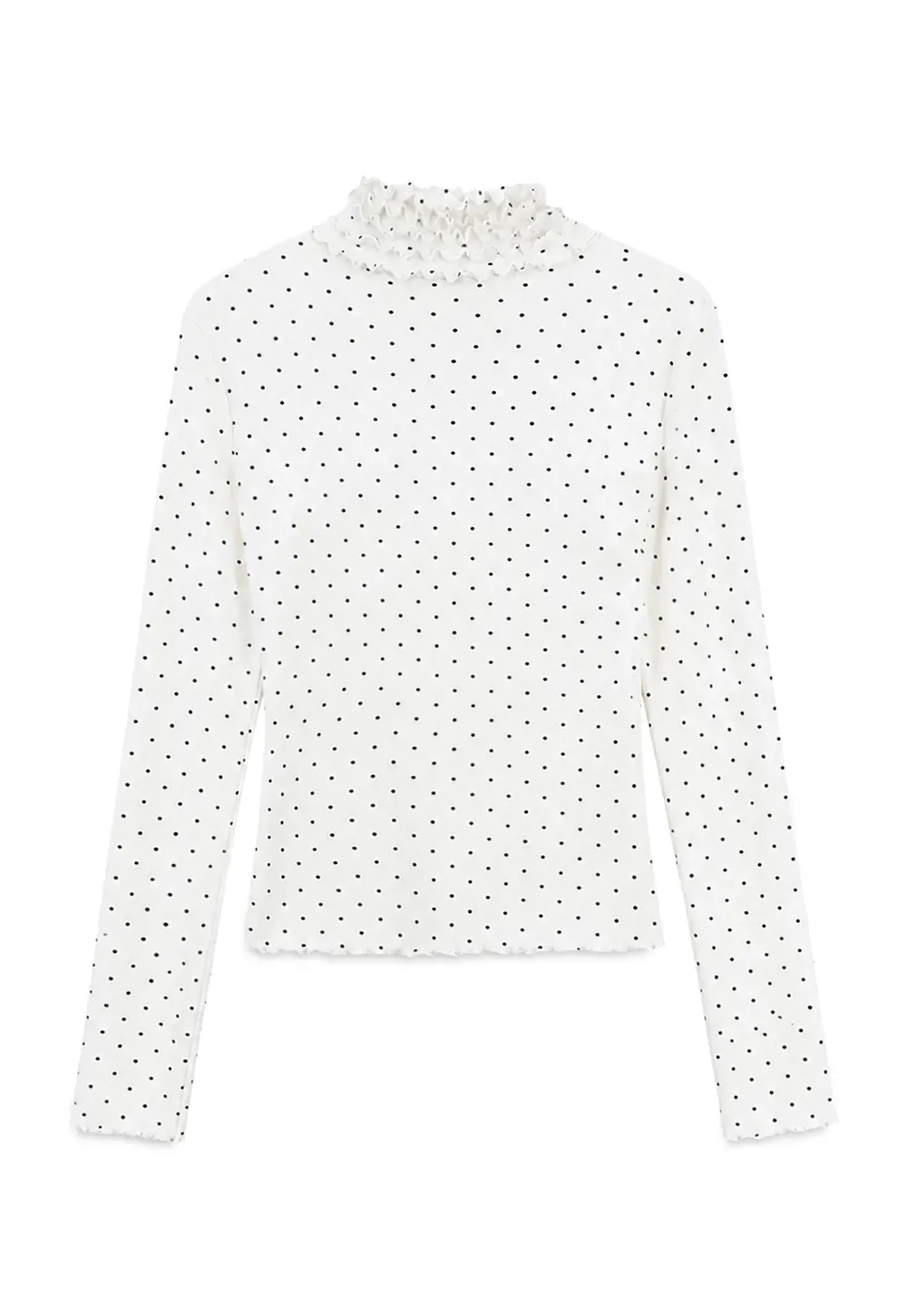 Ruffled High Neck Polka Dot Long Sleeve Top