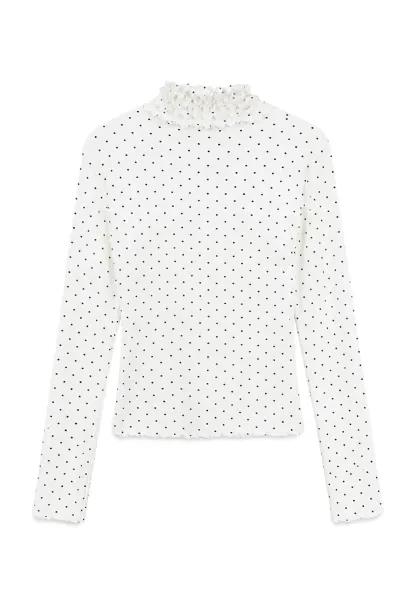 Ruffled High Neck Polka Dot Long Sleeve Top