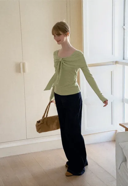 Bow Neck Long Sleeve Knit Top