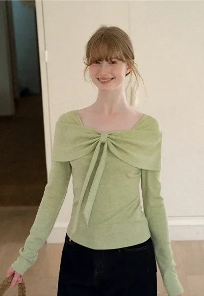 Bow Neck Long Sleeve Knit Top