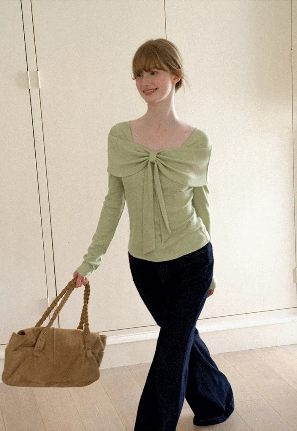 Bow Neck Long Sleeve Knit Top