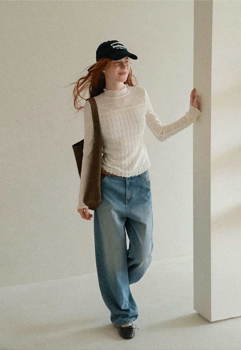 Textured Knit Top with Ruffled Collar and Long Sleeves