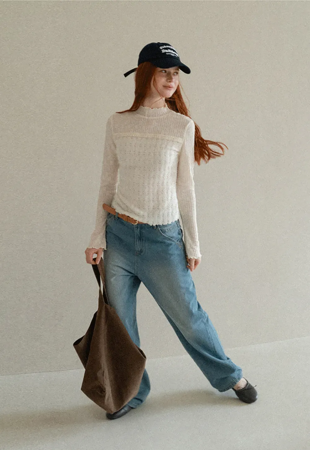 Textured Knit Top with Ruffled Collar and Long Sleeves