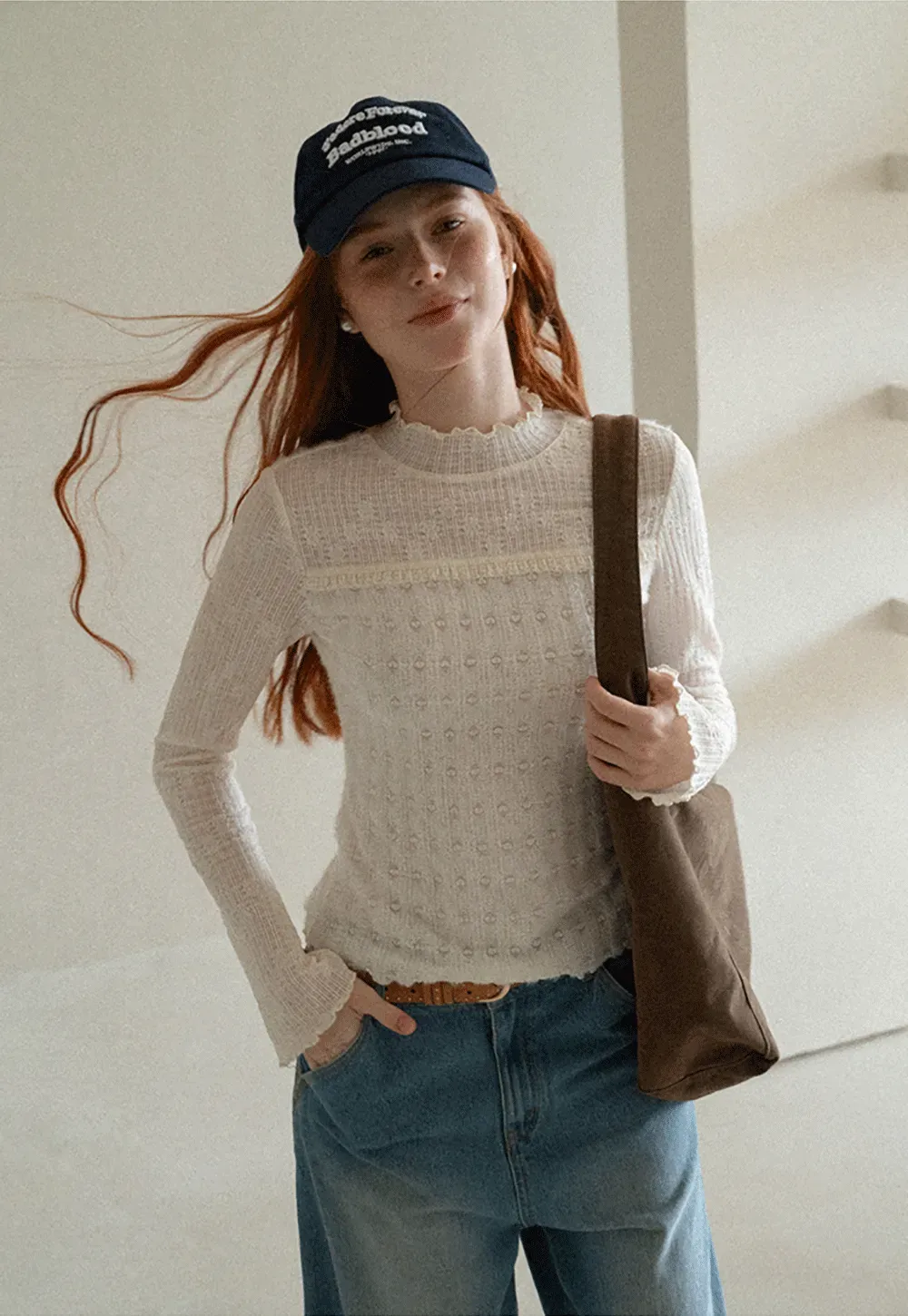 Textured Knit Top with Ruffled Collar and Long Sleeves