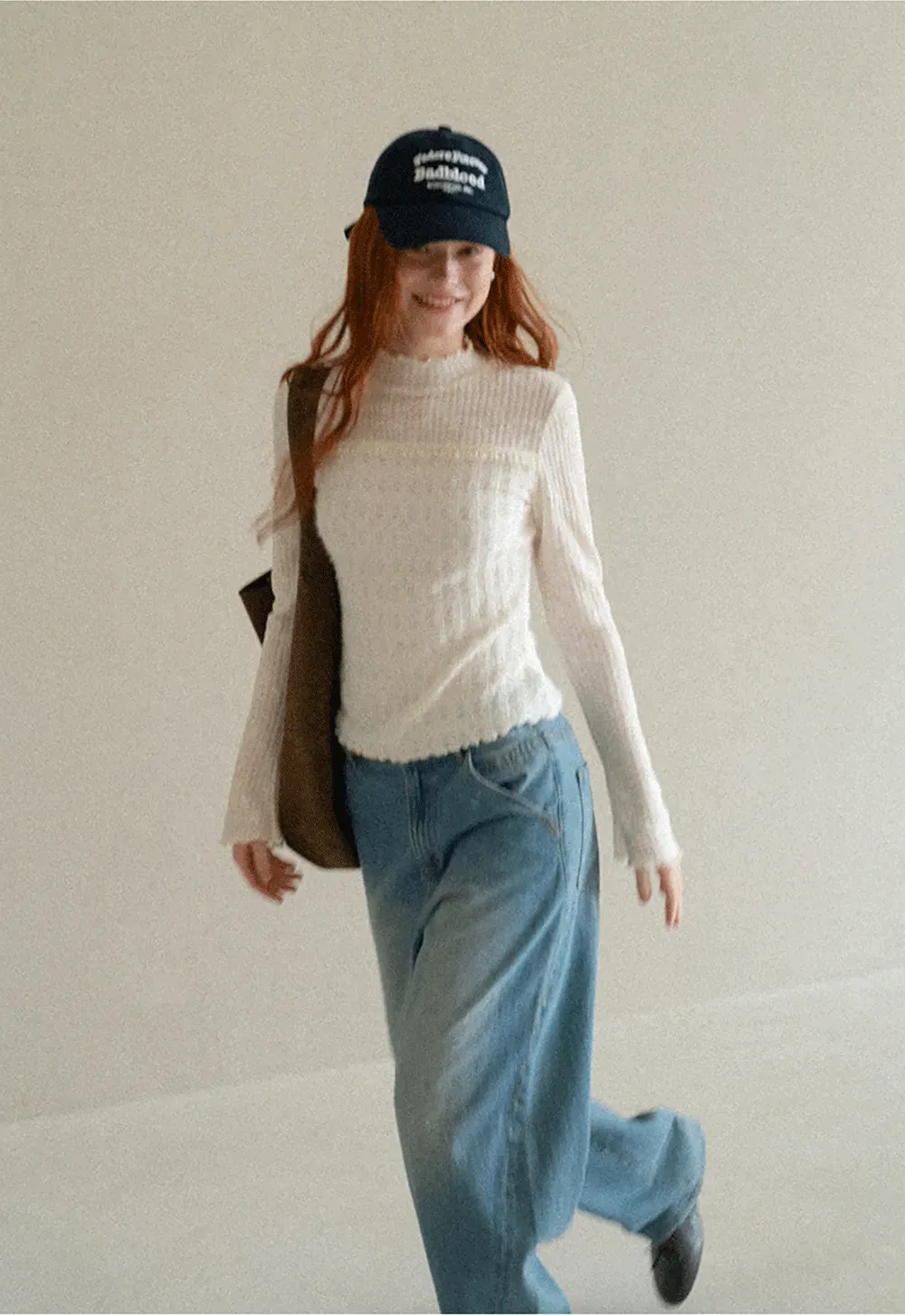 Textured Knit Top with Ruffled Collar and Long Sleeves