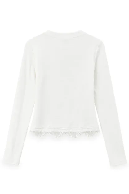 Lace Trim Henley Neck Long Sleeve Knit Top