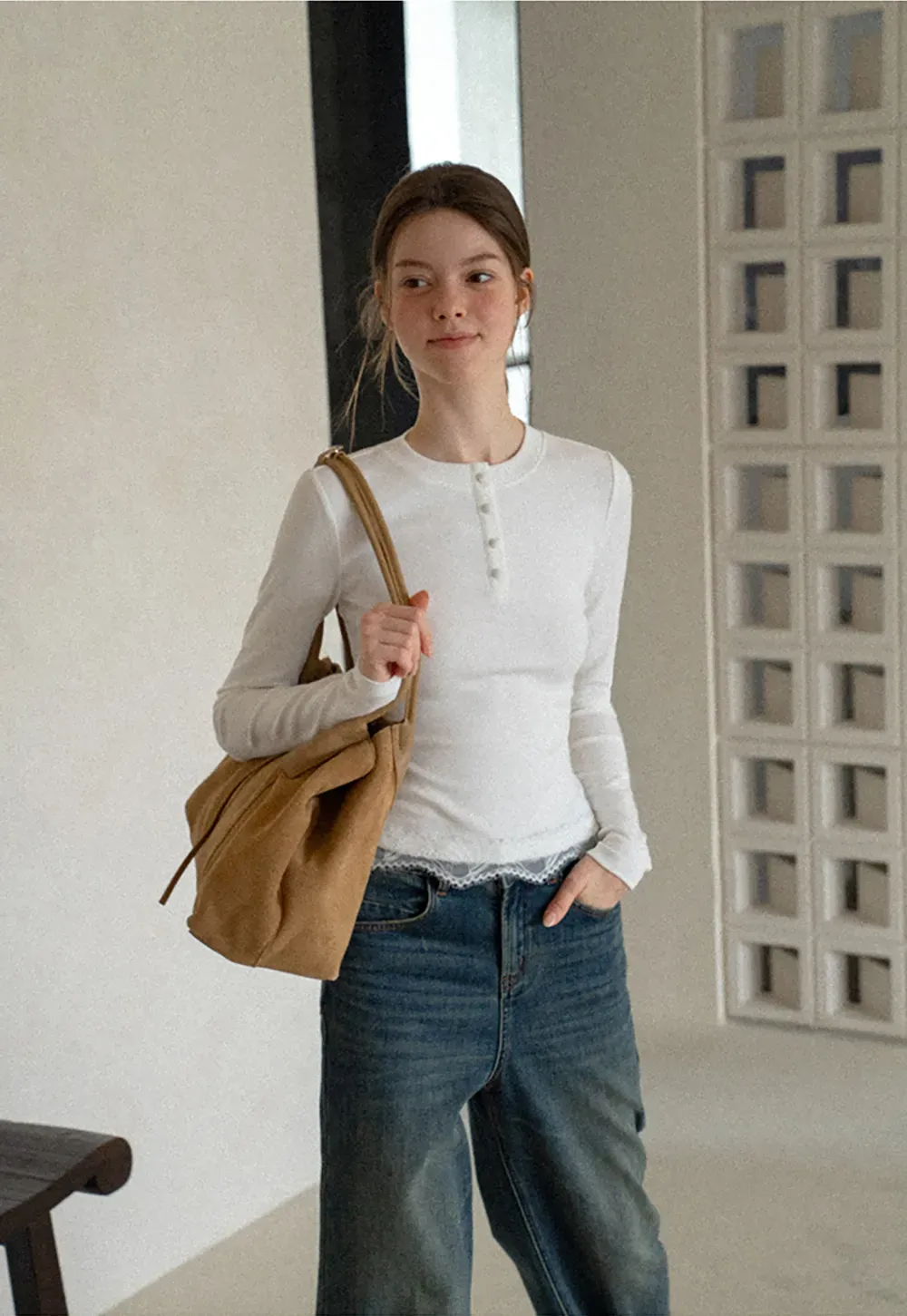 Lace Trim Henley Neck Long Sleeve Knit Top