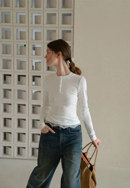 Lace Trim Henley Neck Long Sleeve Knit Top