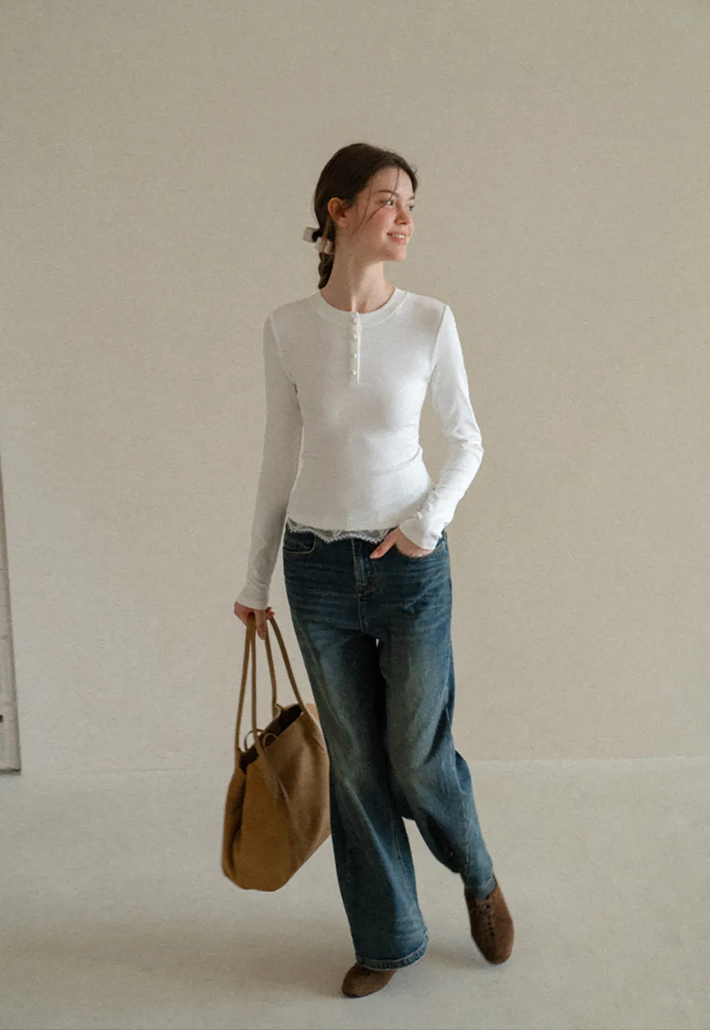 Lace Trim Henley Neck Long Sleeve Knit Top