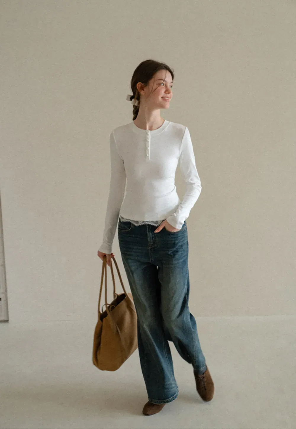 Lace Trim Henley Neck Long Sleeve Knit Top