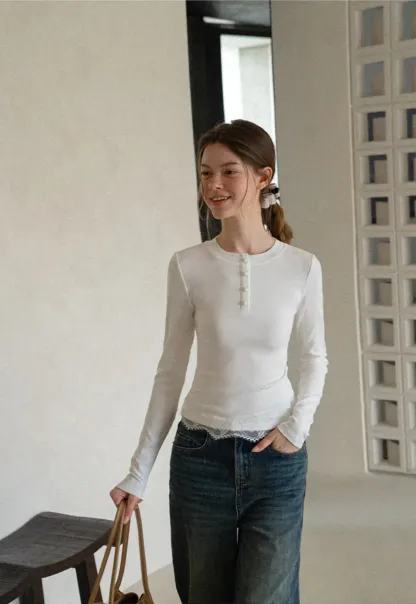 Lace Trim Henley Neck Long Sleeve Knit Top