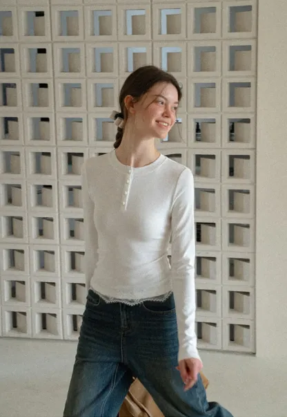 Lace Trim Henley Neck Long Sleeve Knit Top
