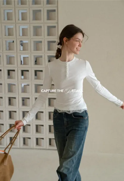 Lace Trim Henley Neck Long Sleeve Knit Top