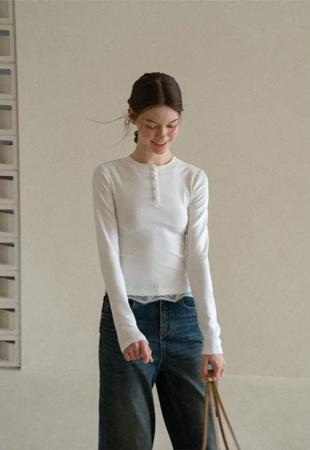 Lace Trim Henley Neck Long Sleeve Knit Top
