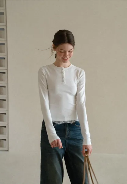Lace Trim Henley Neck Long Sleeve Knit Top