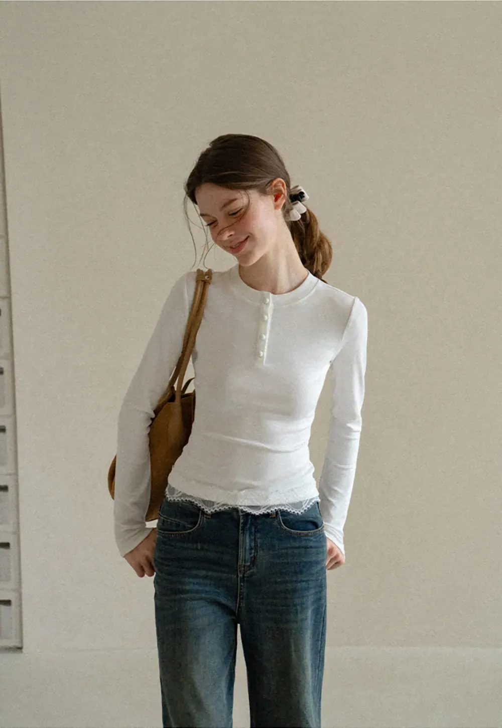 Lace Trim Henley Neck Long Sleeve Knit Top