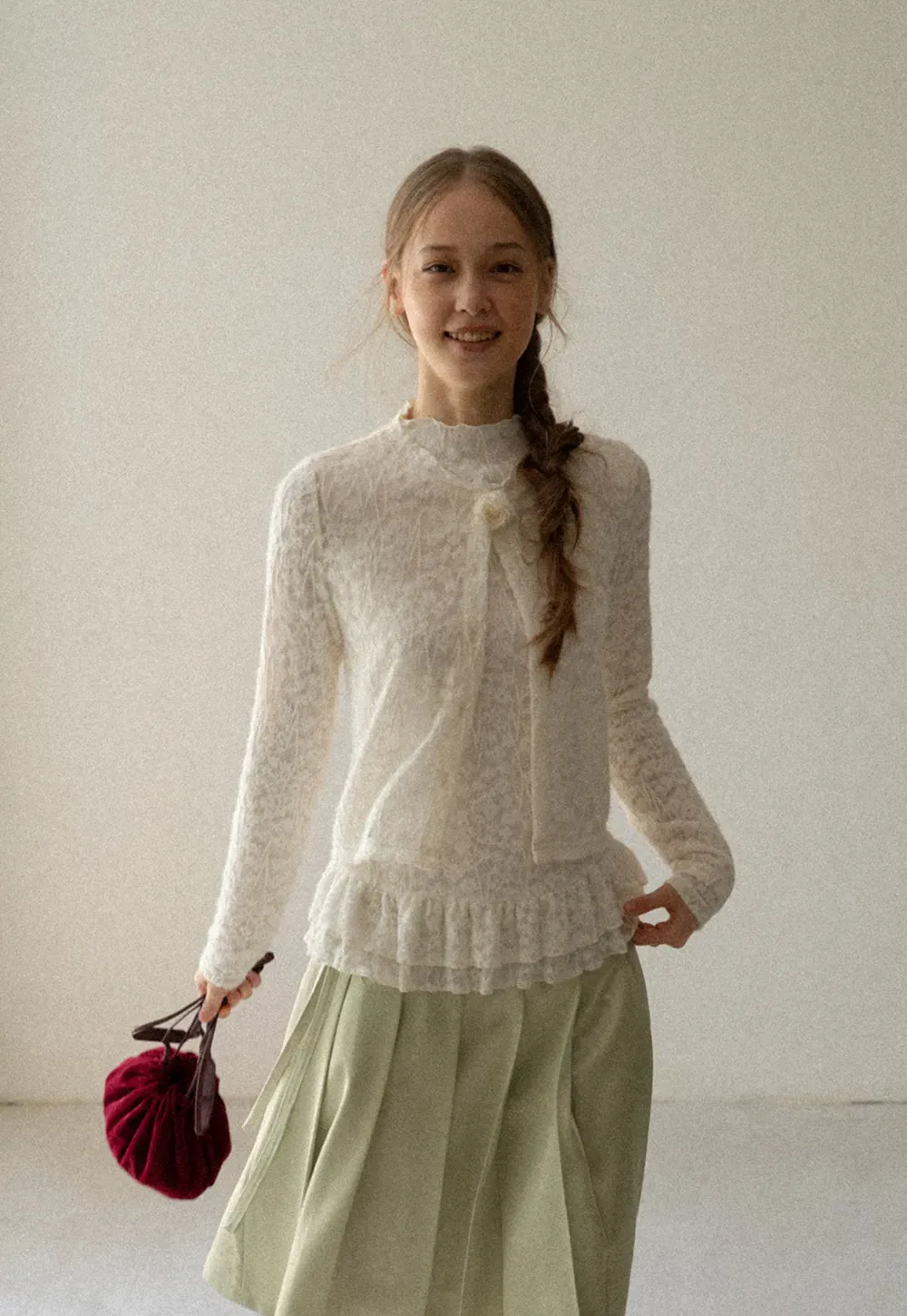 Lace Trim High Neck Ruffled Hem Long Sleeve Top