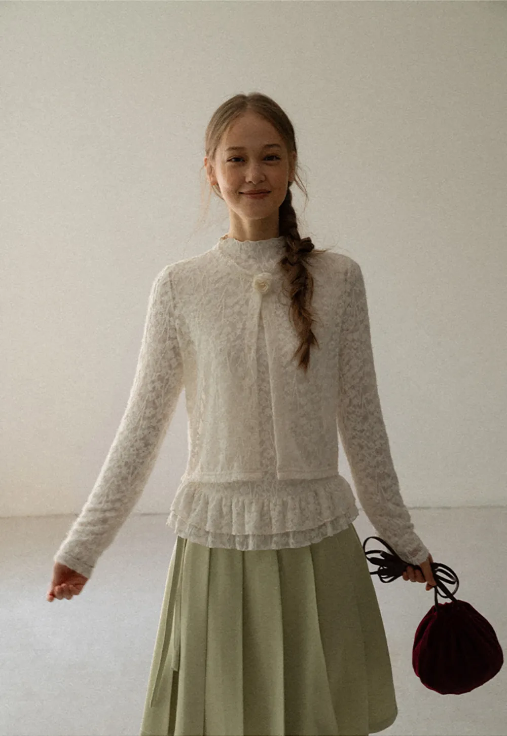 Lace Trim High Neck Ruffled Hem Long Sleeve Top