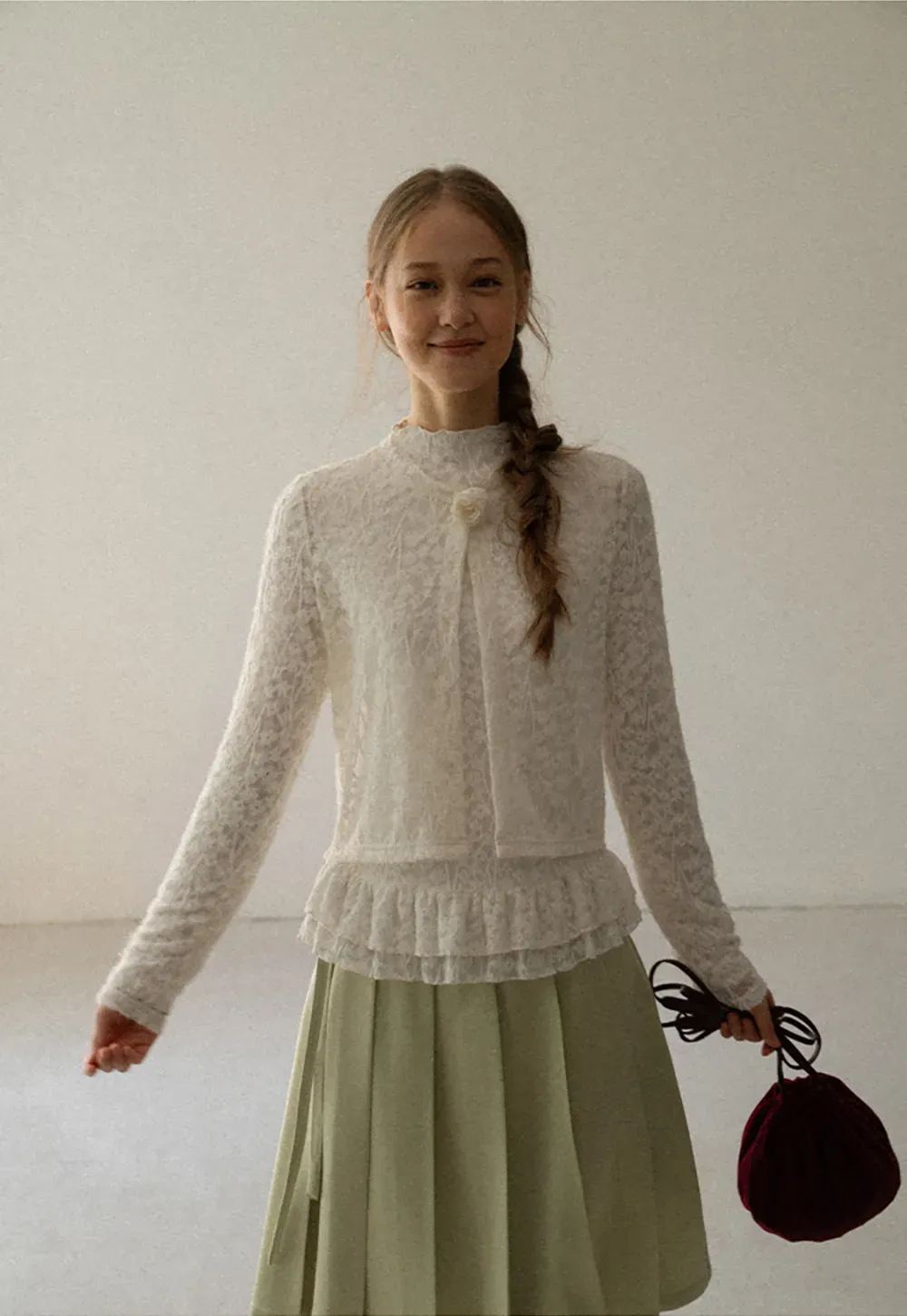 Lace Trim High Neck Ruffled Hem Long Sleeve Top