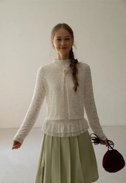 Lace Trim High Neck Ruffled Hem Long Sleeve Top