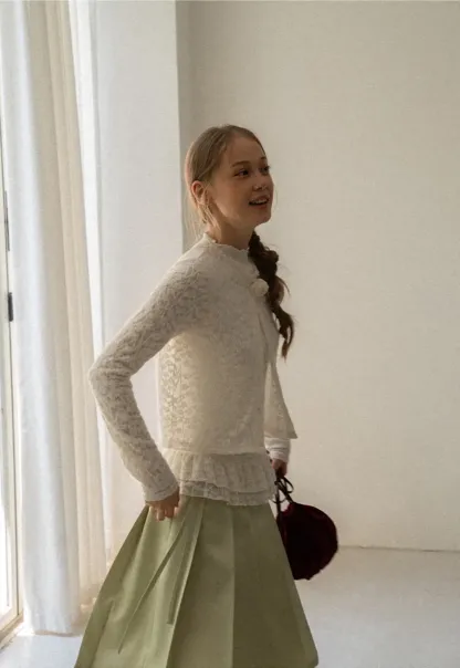 Lace Trim High Neck Ruffled Hem Long Sleeve Top