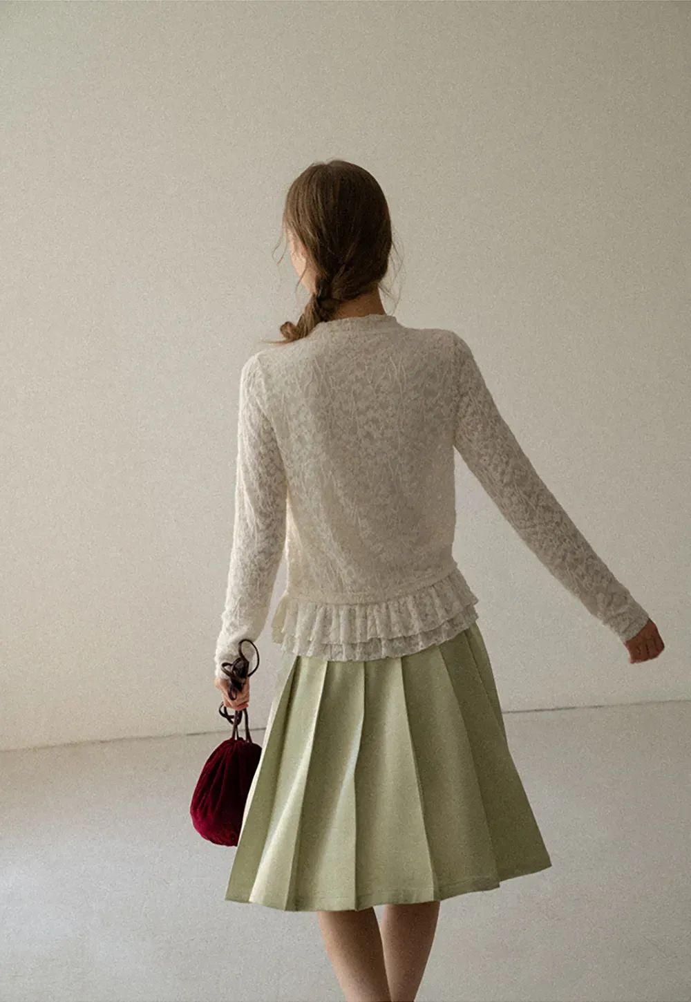 Lace Trim High Neck Ruffled Hem Long Sleeve Top