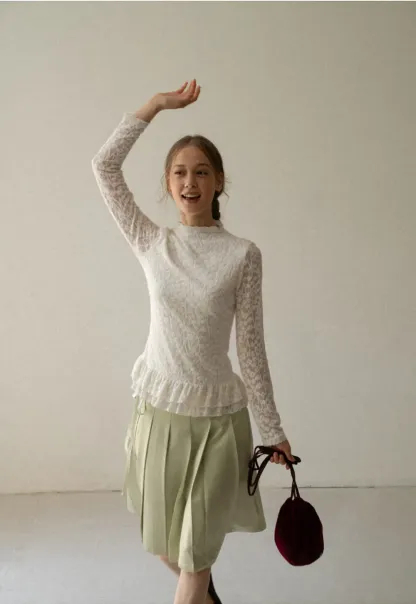 Lace Trim High Neck Ruffled Hem Long Sleeve Top