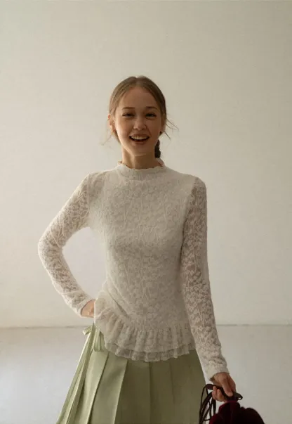 Lace Trim High Neck Ruffled Hem Long Sleeve Top