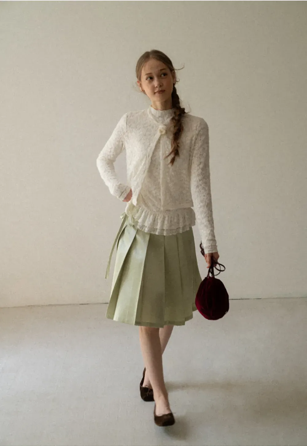 Lace Trim High Neck Ruffled Hem Long Sleeve Top