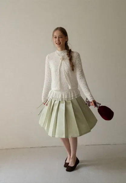 Lace Trim High Neck Ruffled Hem Long Sleeve Top