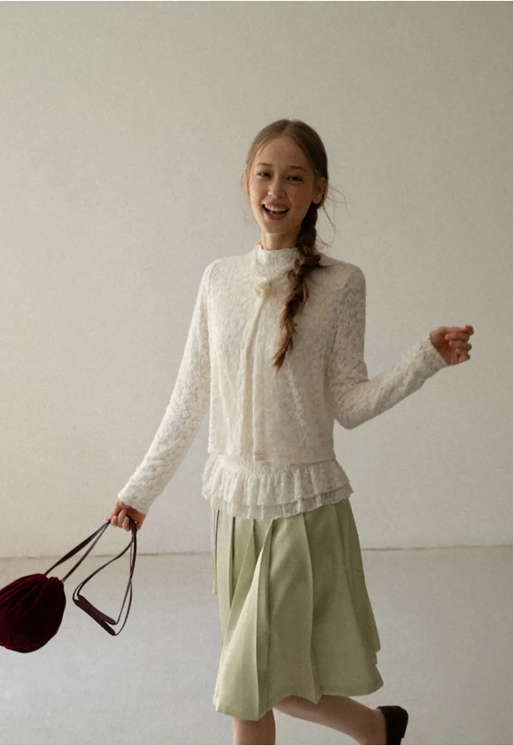 Lace Trim High Neck Ruffled Hem Long Sleeve Top